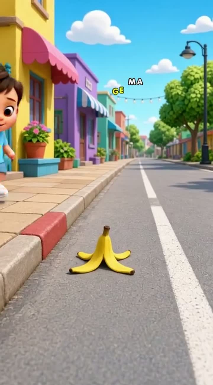 A baby boy walks along the street while eating a banana — AI cartoon