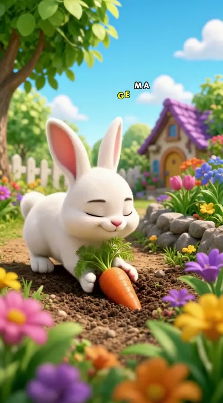 A cute little bunny finds a carrot in a colorful garden and shares… — AI cartoon