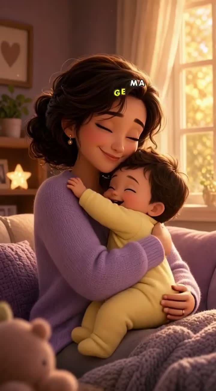 Same mother and baby, baby happily hugs his mother tightly… — AI cartoon