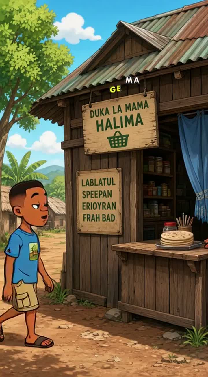 Tengeneza katuni ya vichekesho ya Kiswahili inayotokea kijijini… — AI cartoon
