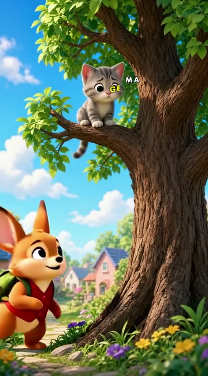Lovable character who tries to rescue a little kitten stuck… — AI cartoon