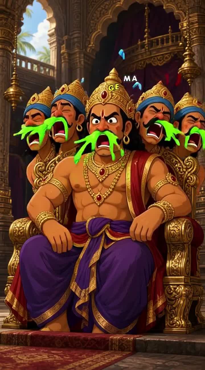 • Ravan ka entry scene: Lankapati Ravan apne darbar mein baitha… — AI cartoon