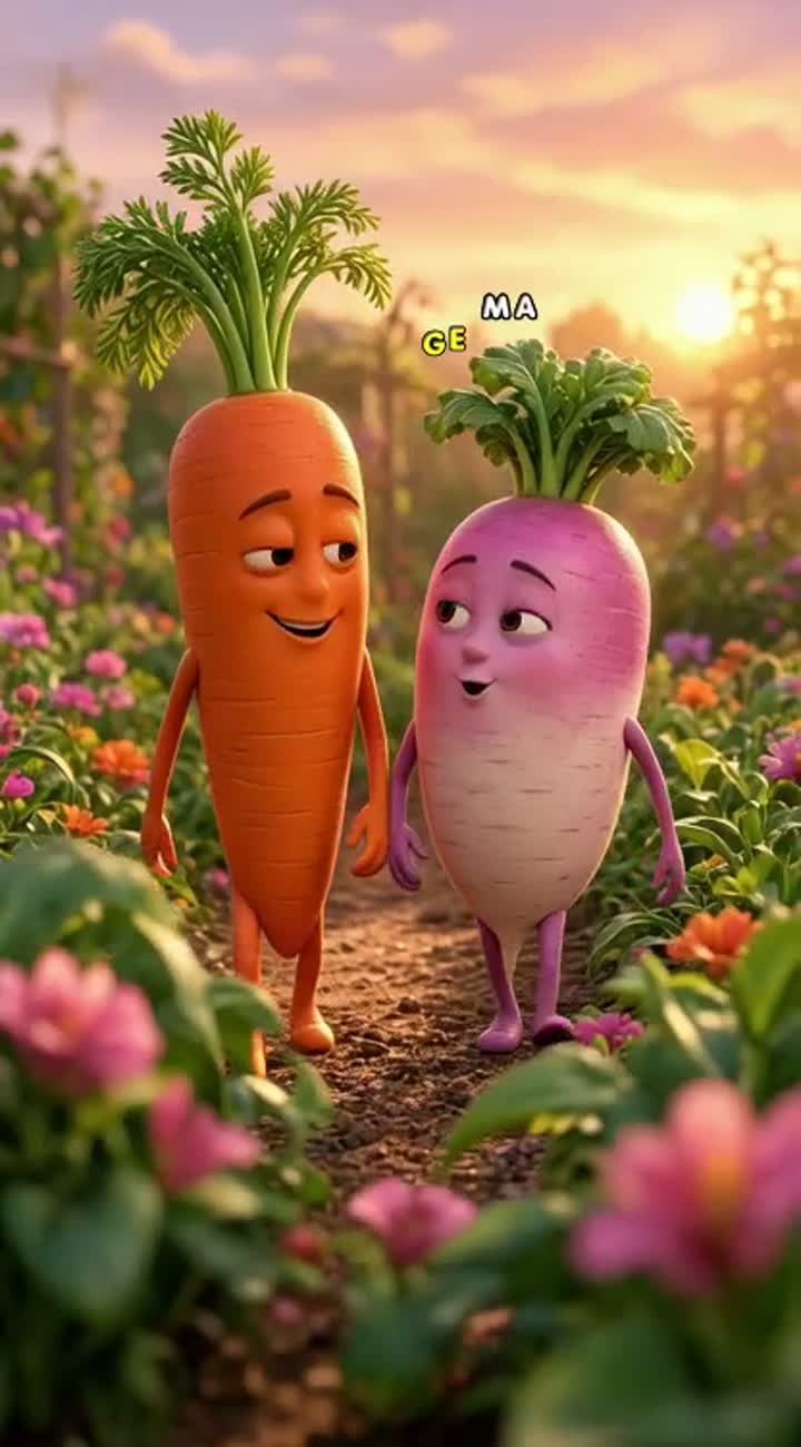 Continue with the same adult carrot and radish characters — AI cartoon