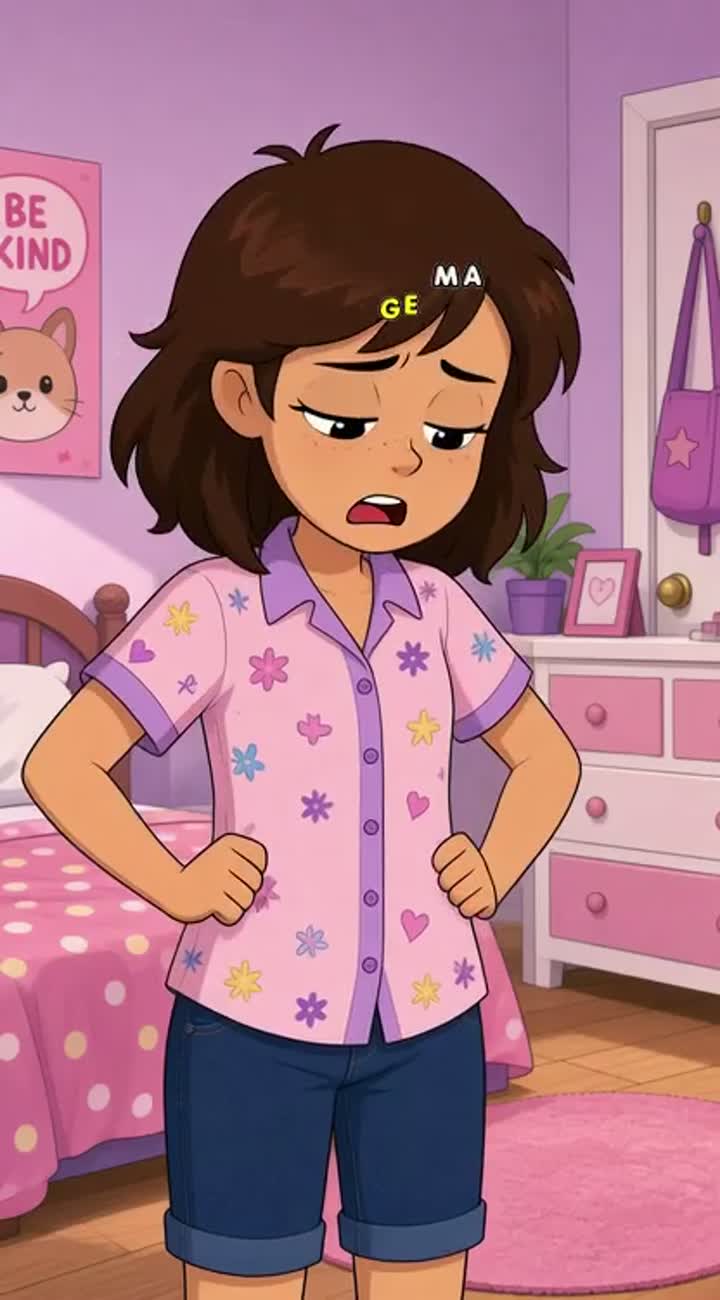 Show me a girl got new shirt and she tried it and she doesn't like… — AI cartoon