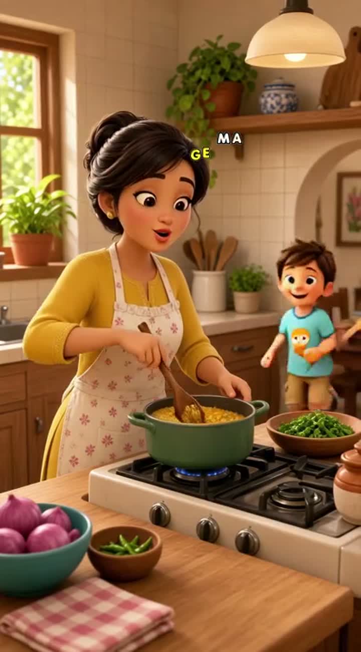 Warm 3D cartoon animation of a loving mother preparing homemade… — AI cartoon