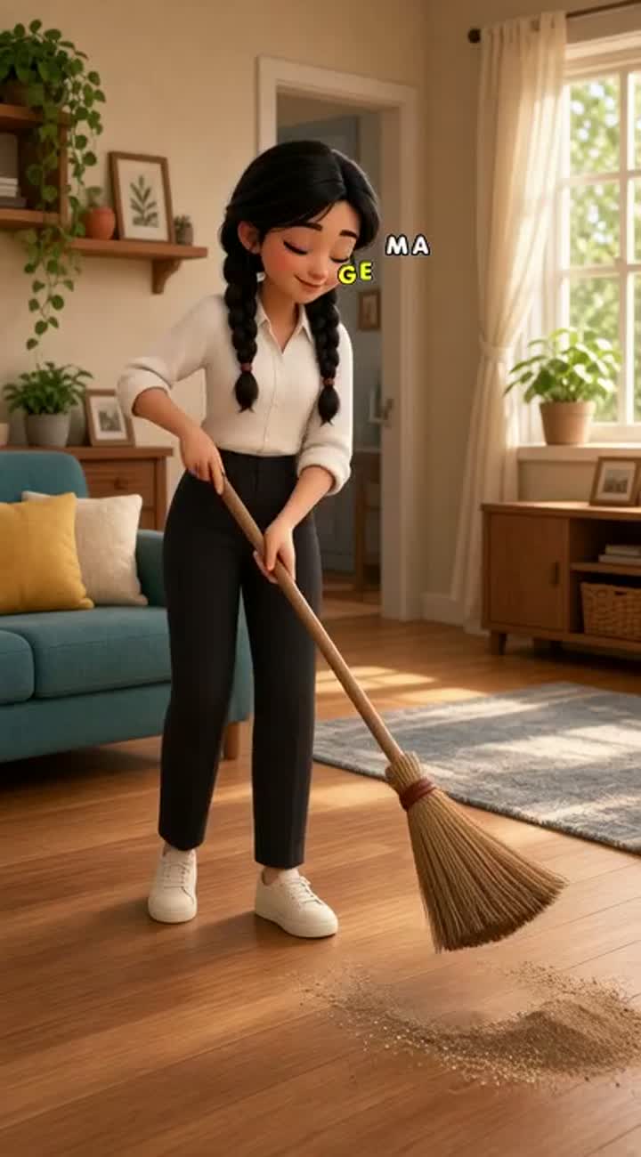 Cute 3D cartoon animation of a young woman cleaning her house… — AI cartoon