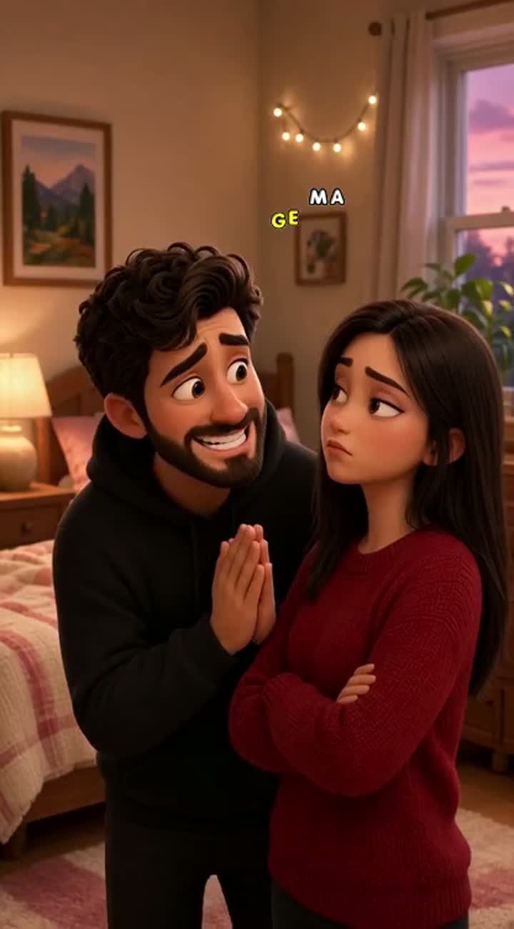 In a cozy bedroom, the bearded husband in a black hoodie begs… — AI cartoon