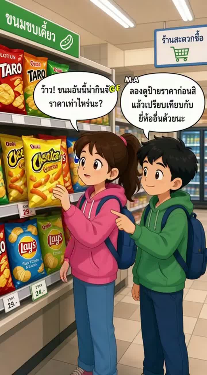 Vibrant, colorful 2D cartoon animation titled "Shopping Smartly,"… — AI cartoon