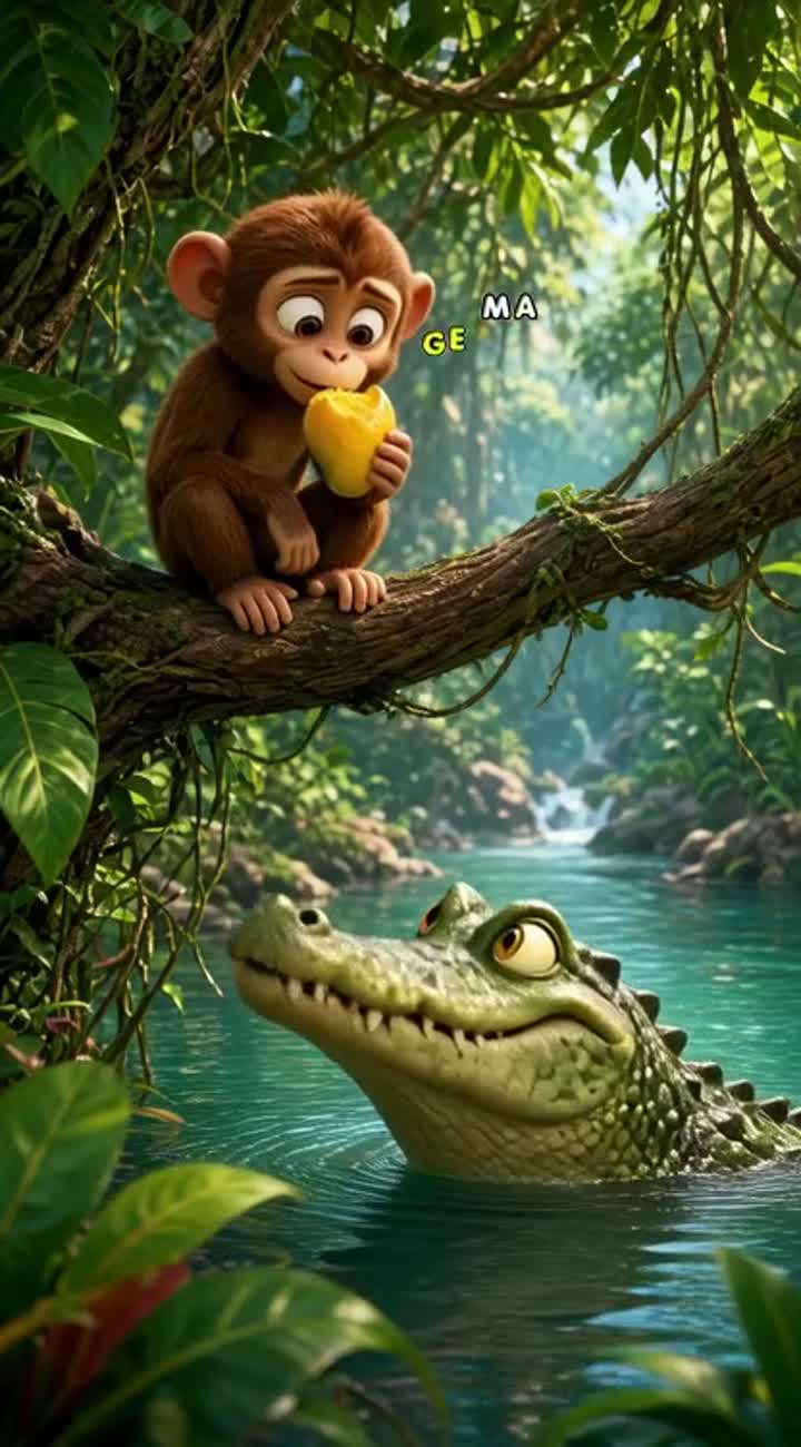 A beautiful colorful 3D animated jungle beside a river — AI cartoon