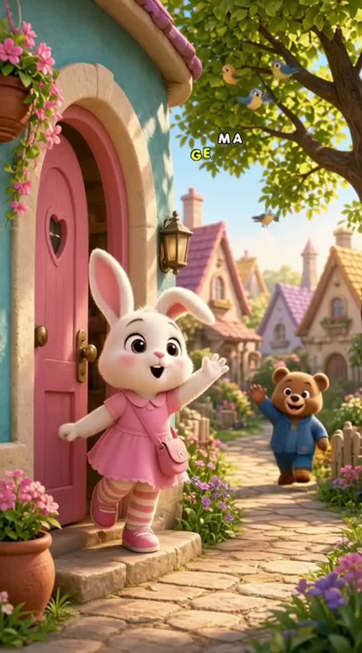 A vibrant 3D animated children's cartoon set in a colorful village… — AI cartoon