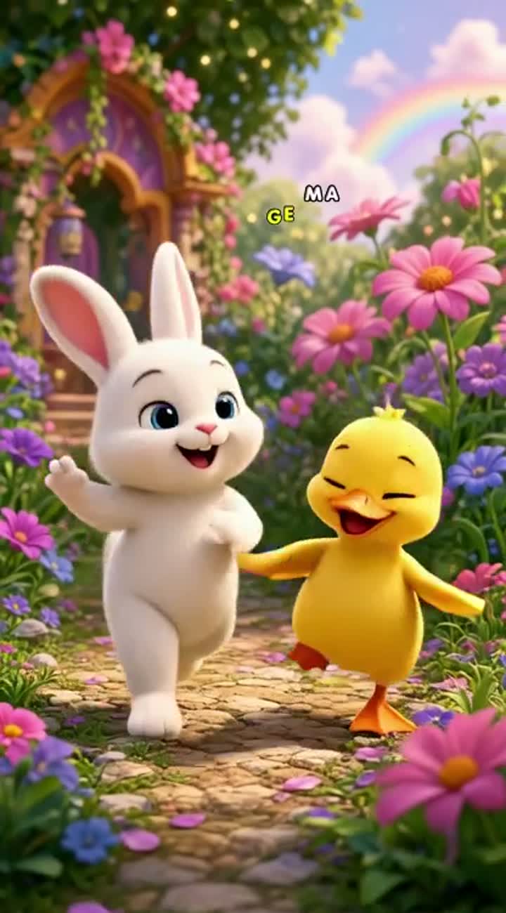 A cute baby bunny and a little yellow duck dancing together… — AI cartoon