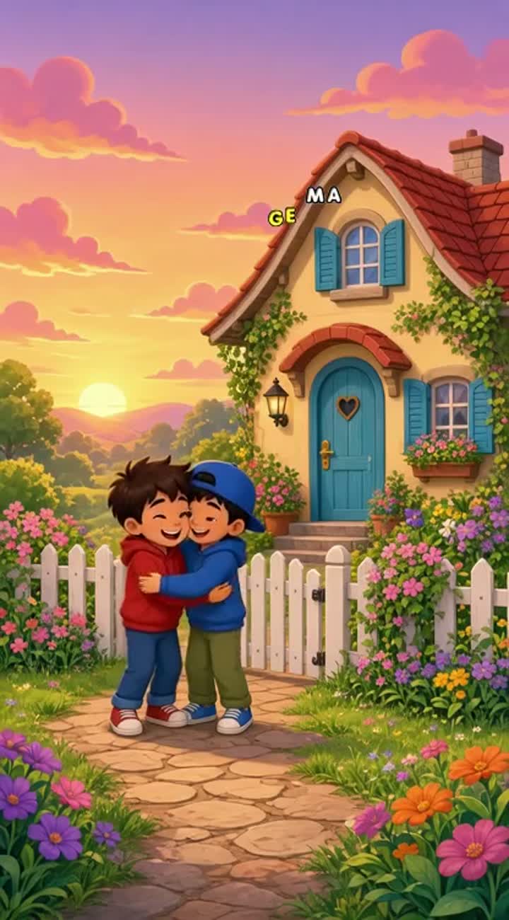 Visual: Dono khush ho kar ek doosre ko gale lagate hain aur saath… — AI cartoon