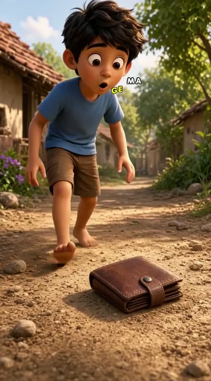 A poor but kind 10-year-old Indian village boy wearing a simple… — AI cartoon