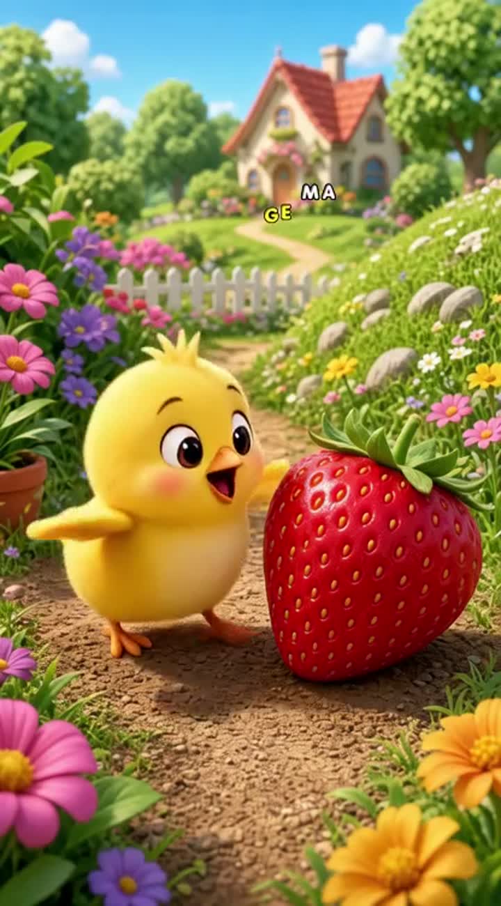 A cute little yellow chick finds a giant strawberry in a beautiful… — AI cartoon