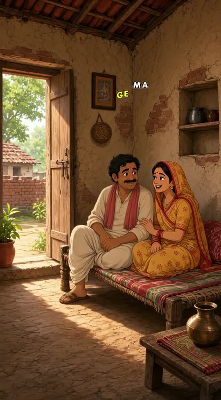 In the early morning, inside a simple rural room made of mud… — AI cartoon