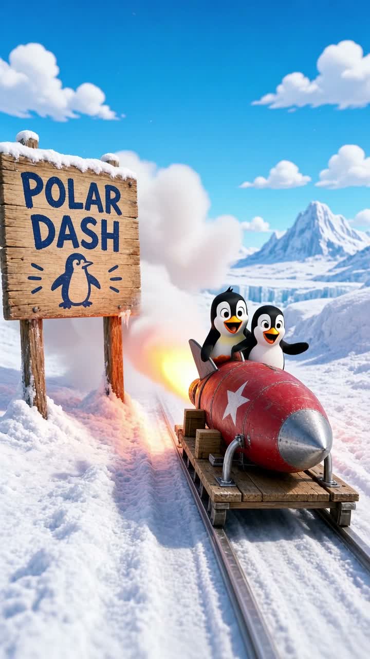 Two penguins racing a homemade rocket sled Animated cartoon… — AI cartoon