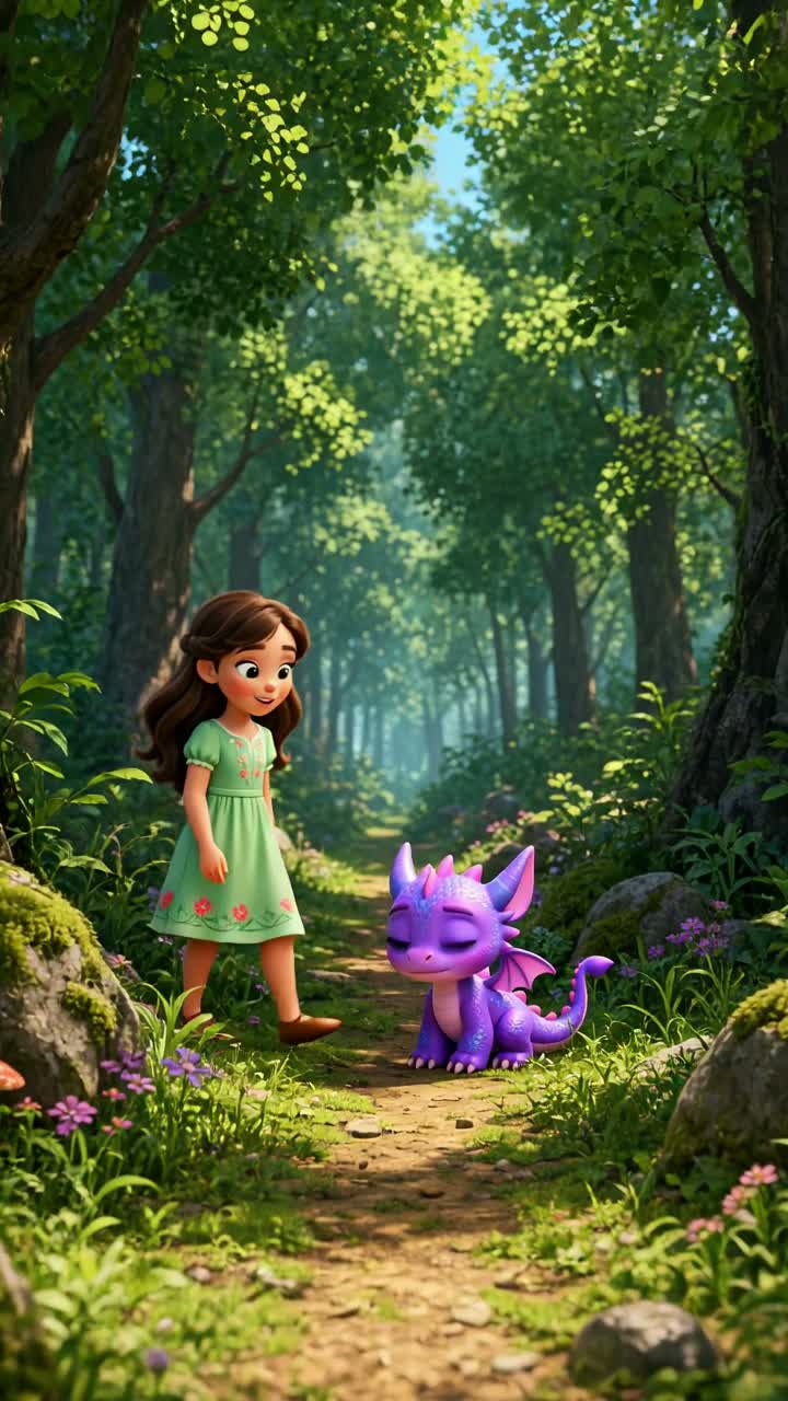 A girl named Maddy gets a dragon kid isolated in the forest she… — AI cartoon