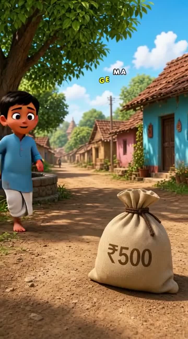 A poor Indian village boy finds a bag full of money on a village… — AI cartoon