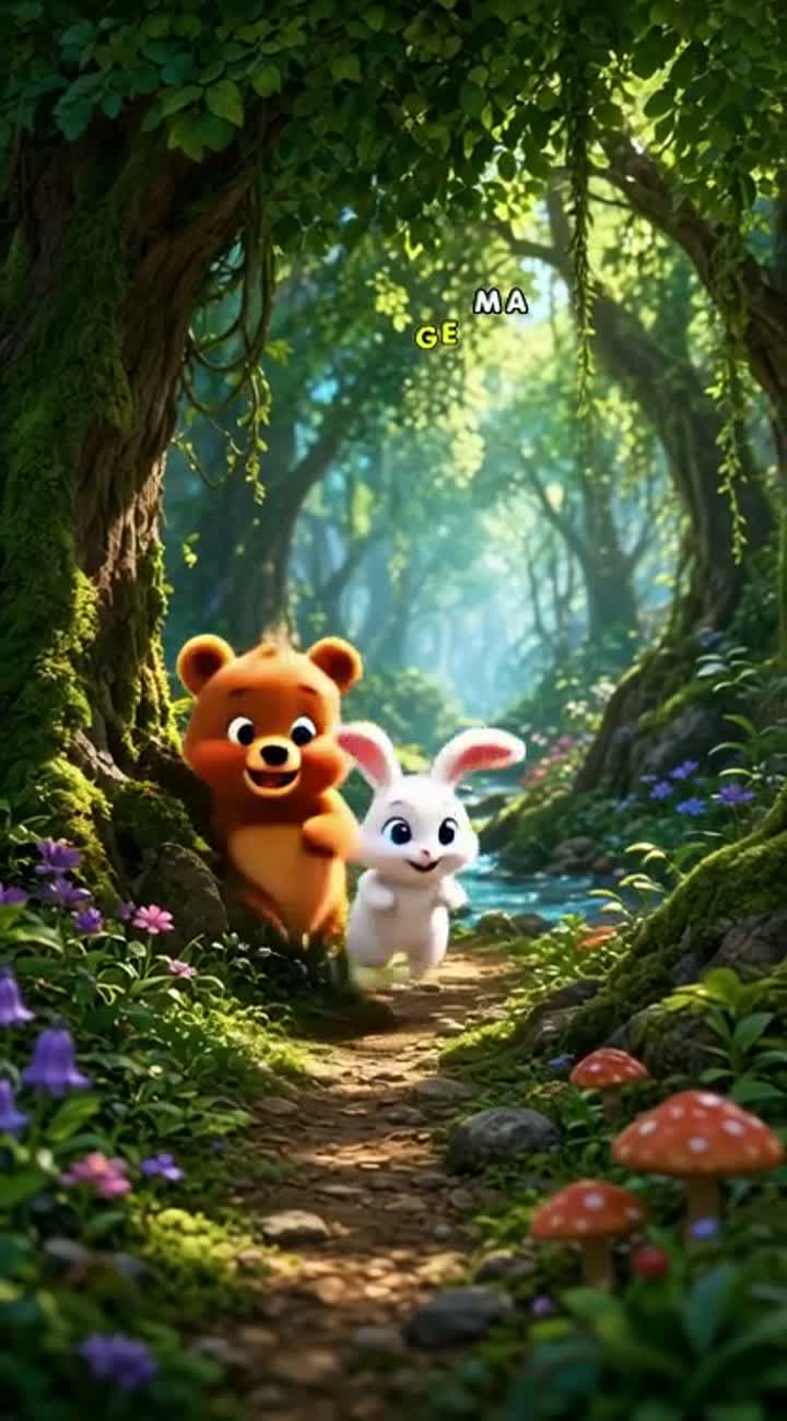 A cute 3D cartoon bear and a little rabbit playing together… — AI cartoon