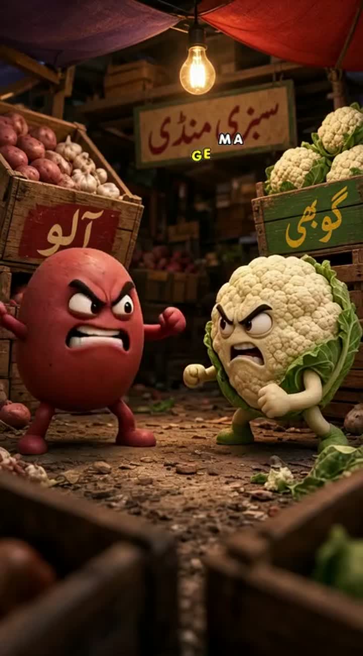 Fast-paced 3D cartoon action, Aloo and Gobhi arguing and doing… — AI cartoon