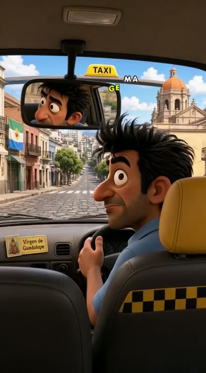 Un taxista cordobés animado, gracioso y despeinado maneja un taxi… — AI cartoon