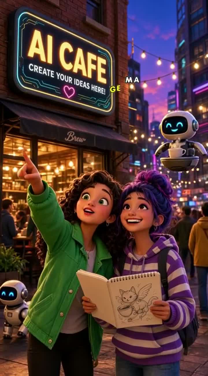 A bustling, vibrant 3D animated film-still, like Pixar style — AI cartoon