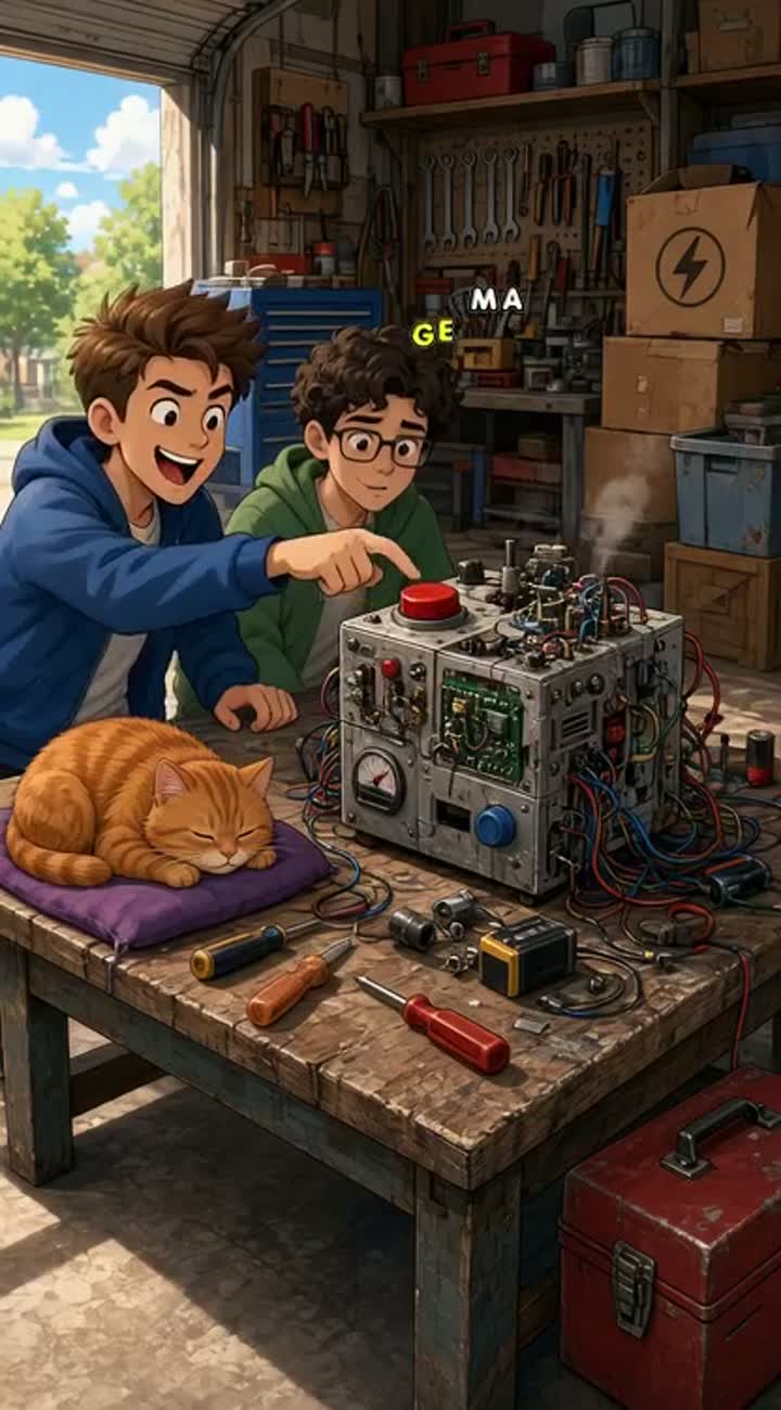 In a cluttered garage on a sunny morning, 14-year-old Max… — AI cartoon