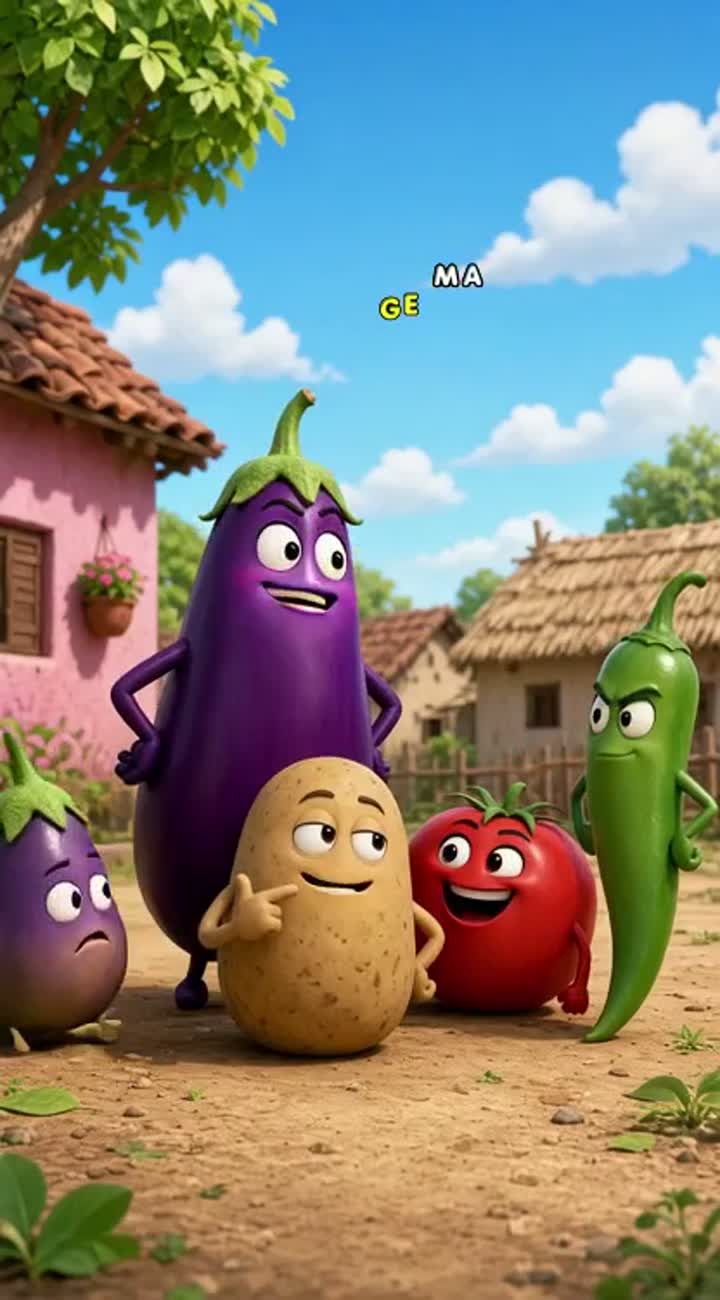 In a village setting, anthropomorphic vegetables stand together… — AI cartoon