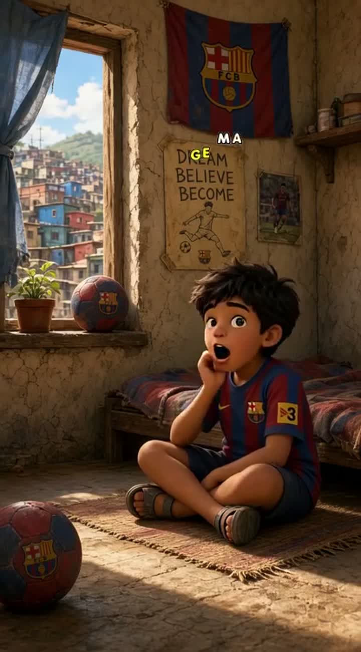 A child born in poor family want be a football super star play… — AI cartoon