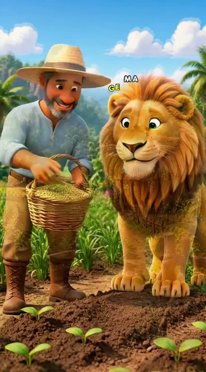 The Lion and the Farmer — AI cartoon