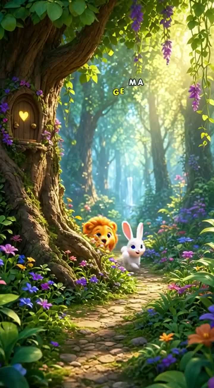 A cute little lion and a friendly baby rabbit explore a magical… — AI cartoon