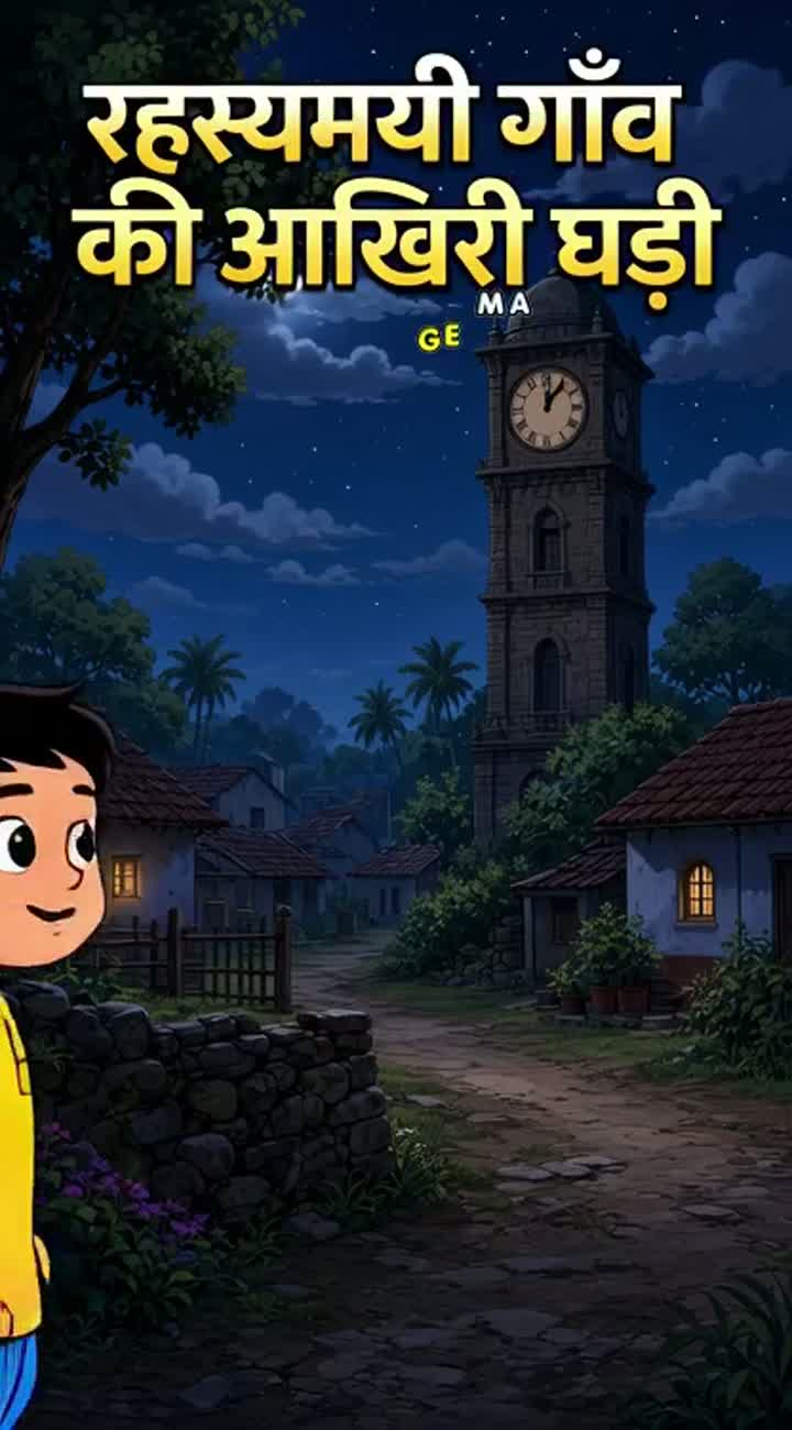2D animated Hindi cartoon story titled "रहस्यमयी गाँव की आखिरी घड़ी" — AI cartoon