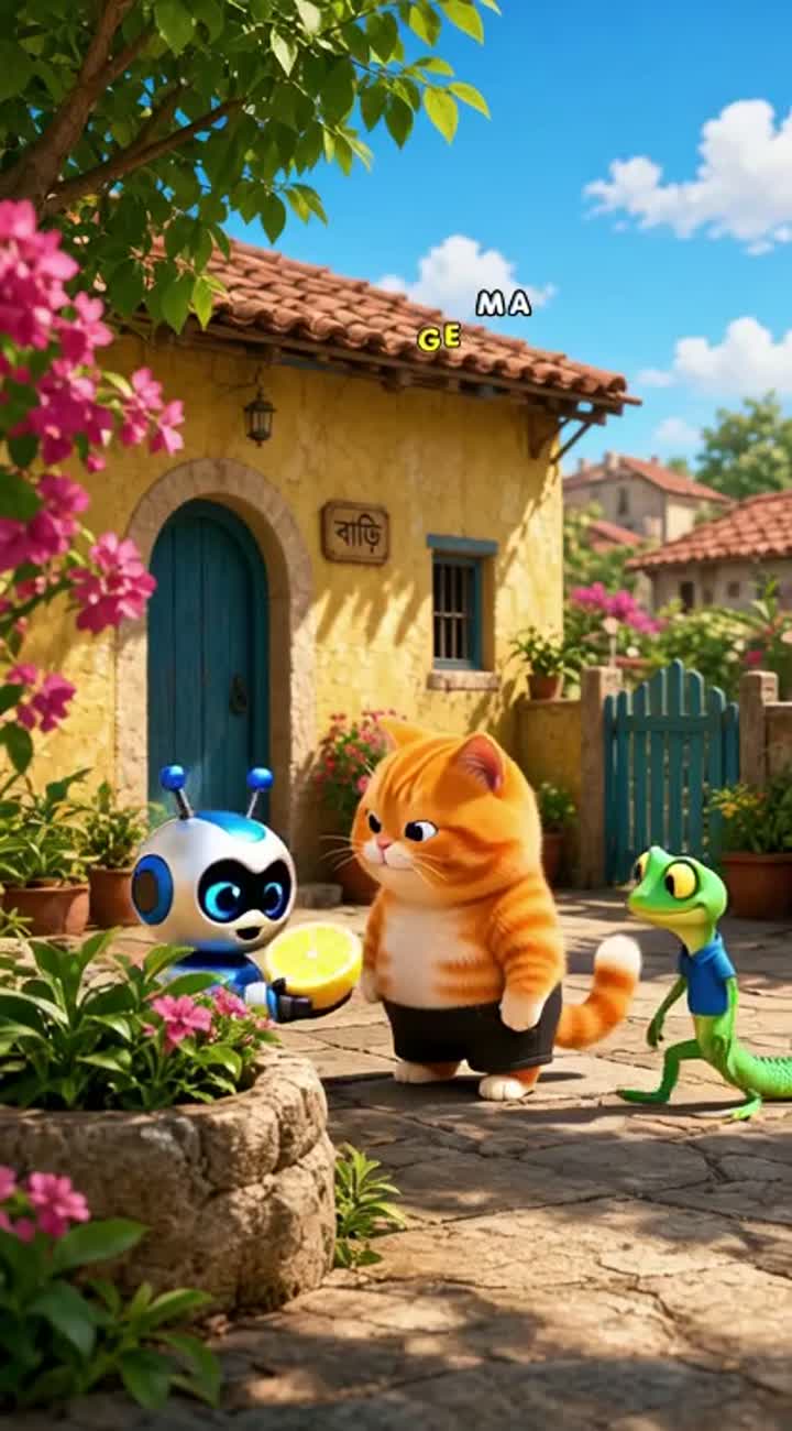 A shy robot learnsA funny chubby orange cat in black shorts… — AI cartoon