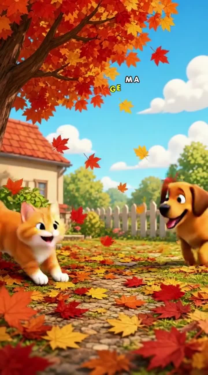 Cat and dog playing outside in autumn and try to catch leaves — AI cartoon