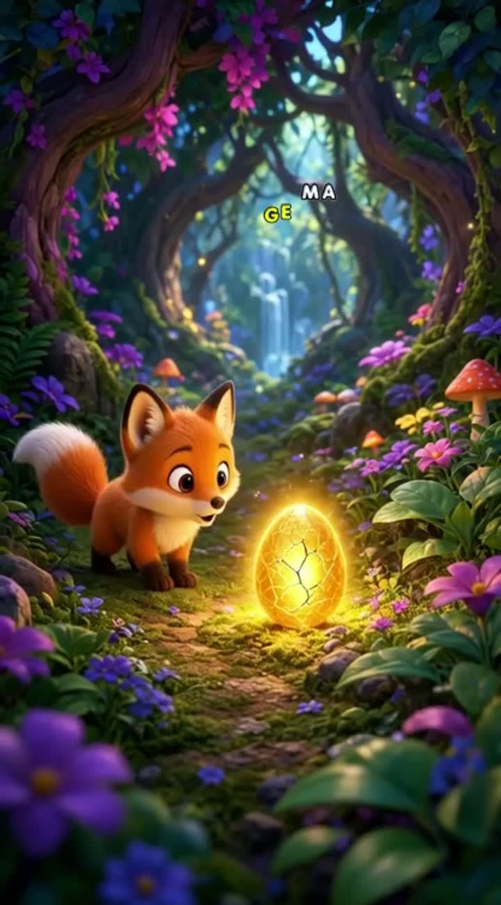 A tiny orange fox discovers a glowing golden egg in a colorful… — AI cartoon