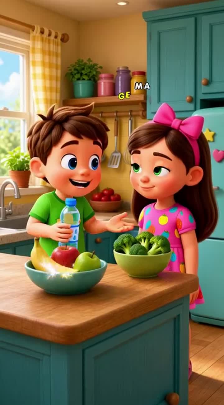 Colorful 3D animated story about healthy eating for a school project — AI cartoon
