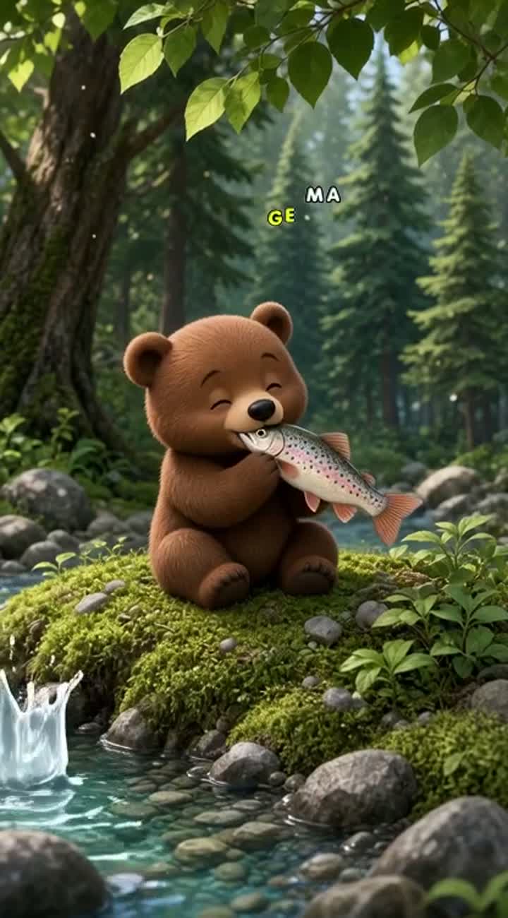 A tiny cute baby bear is eating a fish Animated cartoon… — AI cartoon