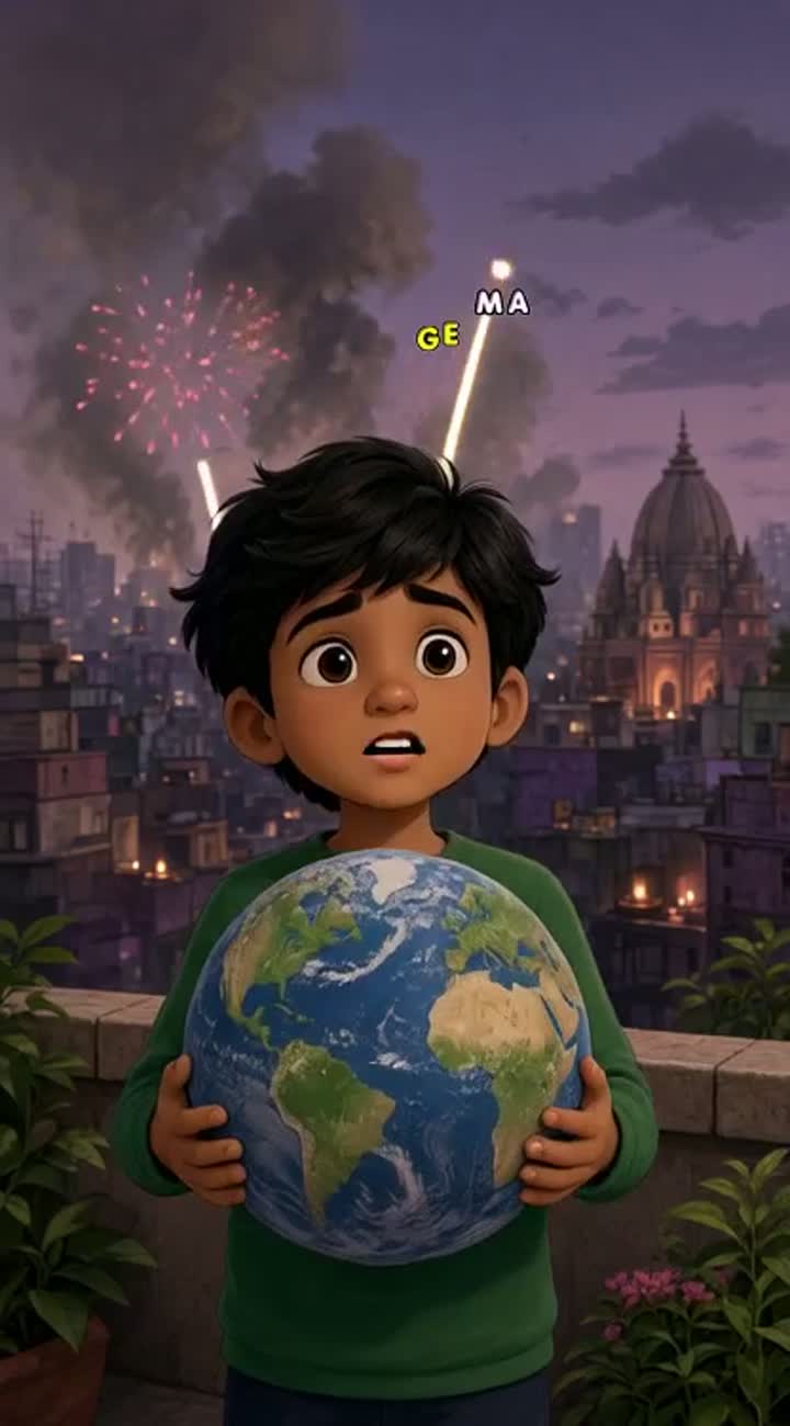 Small boy say that - Fireworks are very dangerous for our environment — AI cartoon