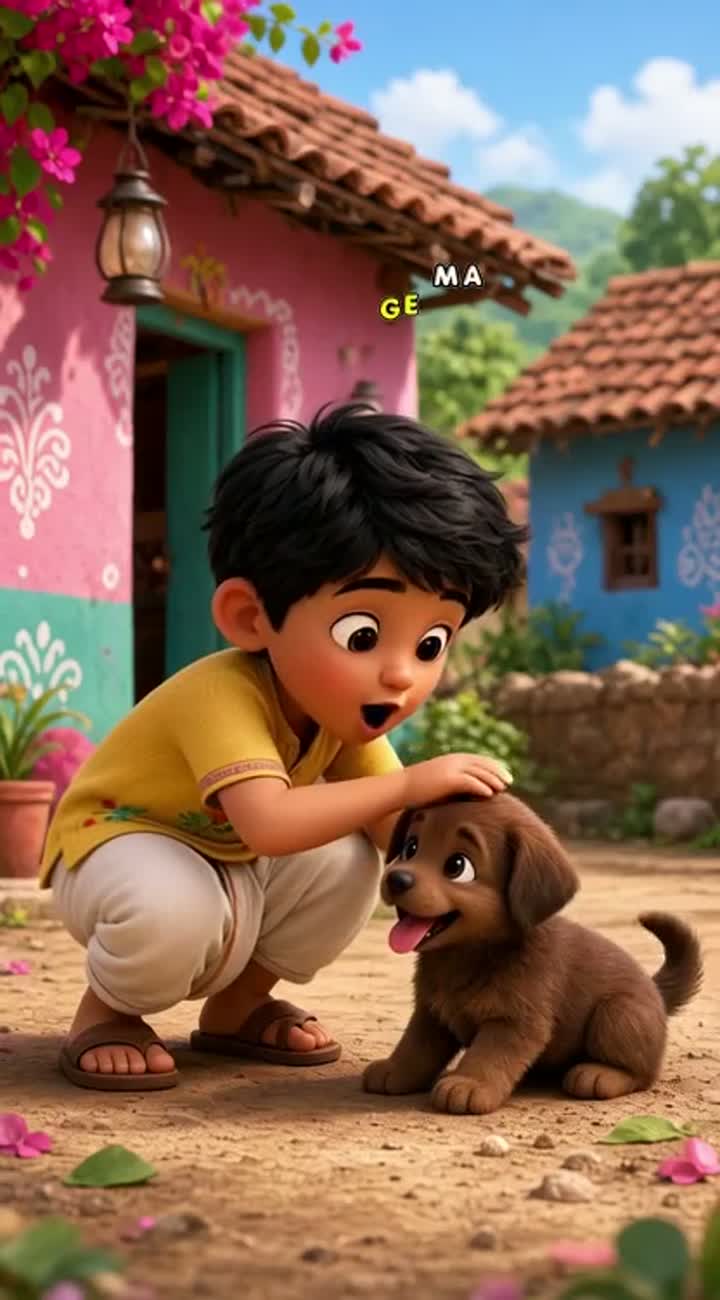 A cute 3D animated Indian village boy playing with a little brown… — AI cartoon
