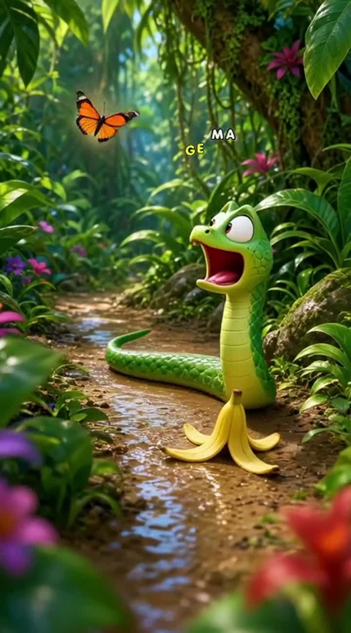 A cute green cartoon snake sliding through a colorful jungle… — AI cartoon