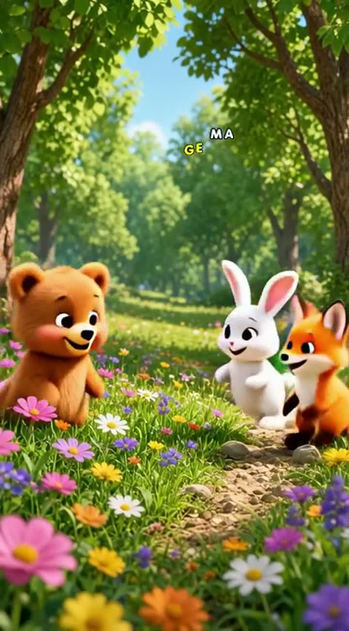 A cute fluffy brown bear cub, a white rabbit… — AI cartoon