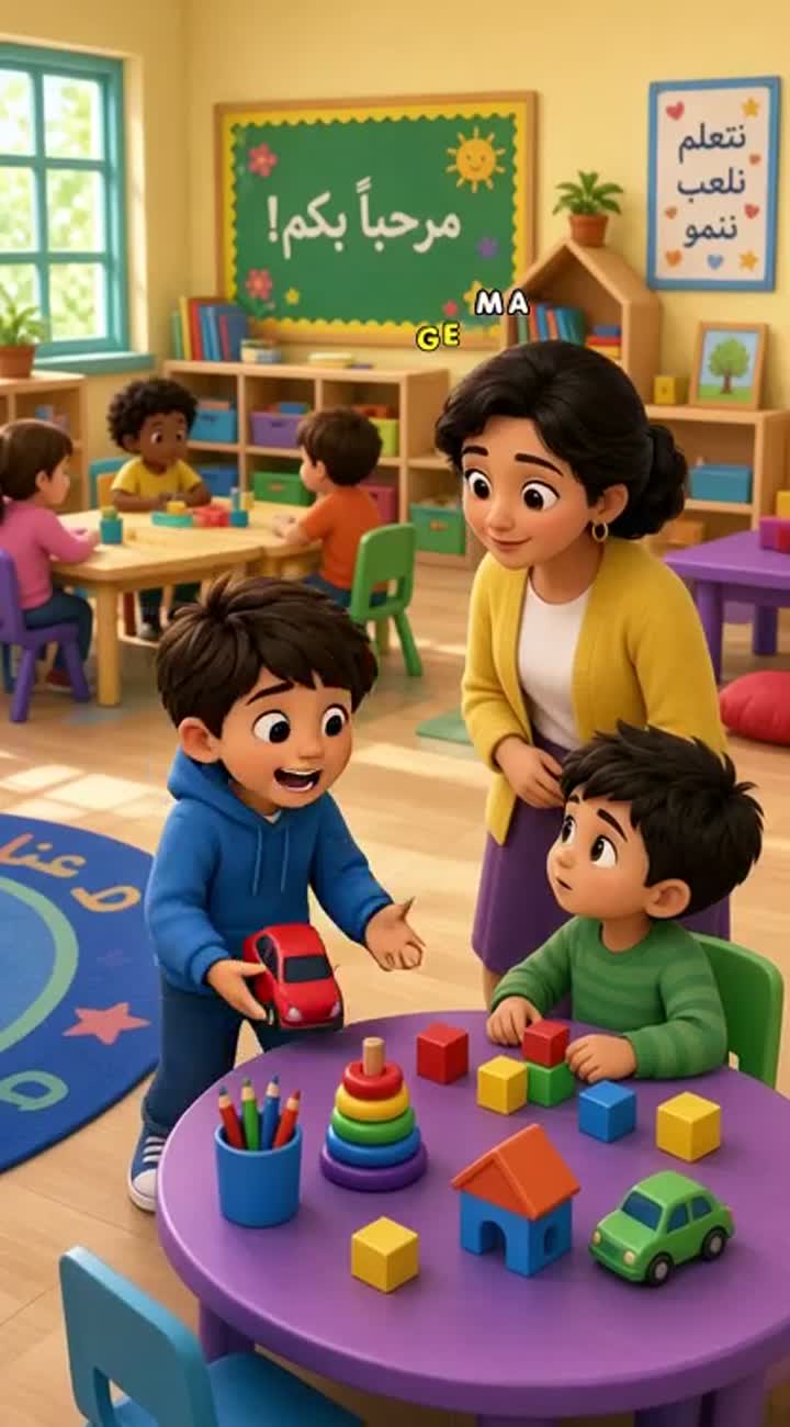 Set in a cheerful kindergarten classroom in the morning — AI cartoon