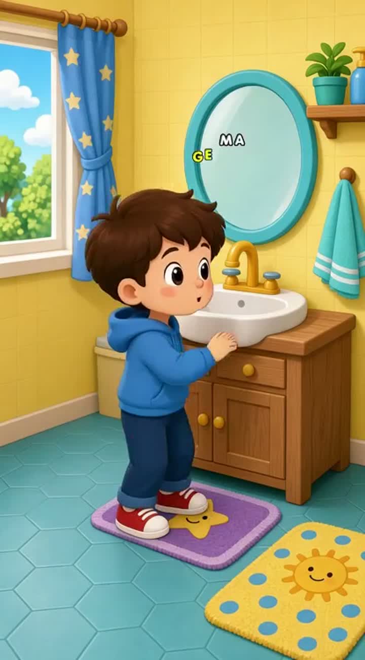 A cute little boy named Milo learns to wash his hands before eating — AI cartoon