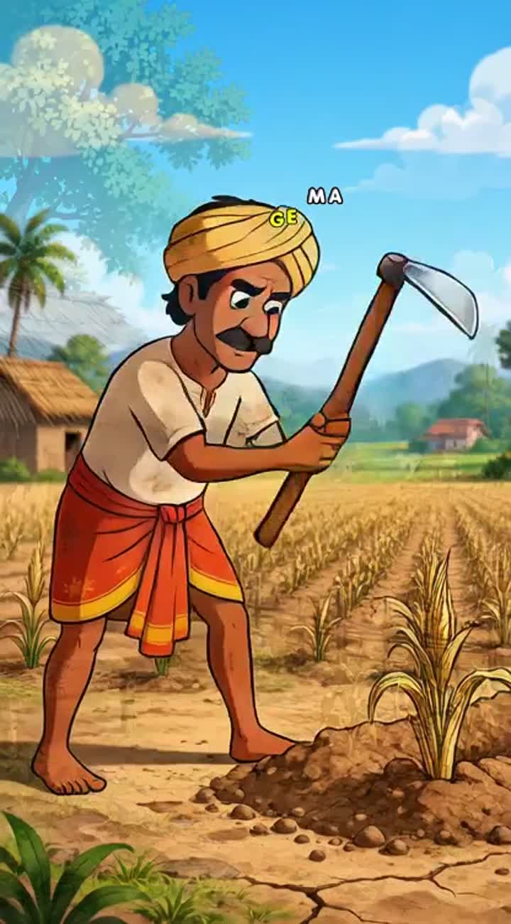 At the edge of a village lives a poor farmer named Ramu — AI cartoon