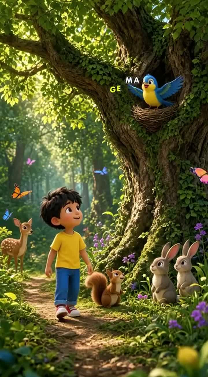 A cute little cartoon boy wearing a yellow T-shirt and blue pants… — AI cartoon