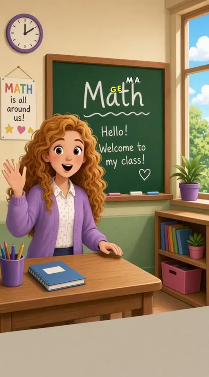 A fair long curly hair teacher in Math waving Hello welcome to my… — AI cartoon