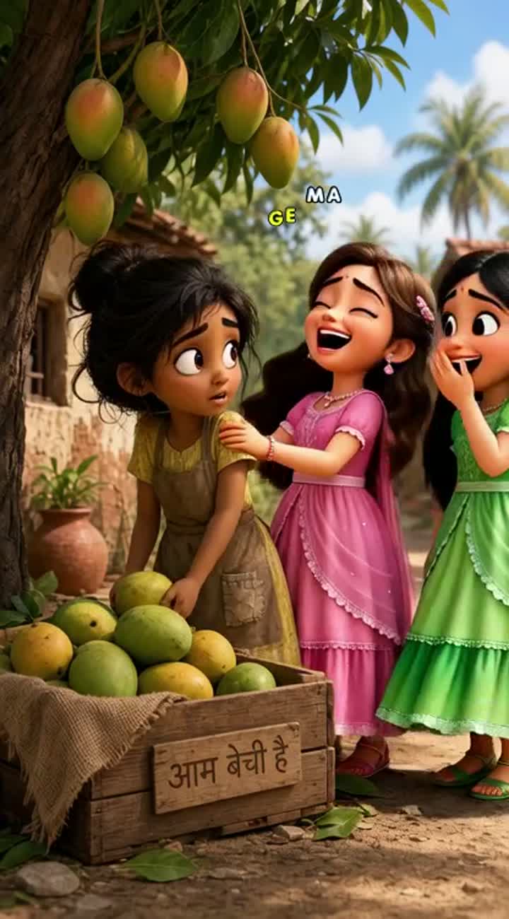 A poor little mango girl is laughed at by two rich girls — AI cartoon