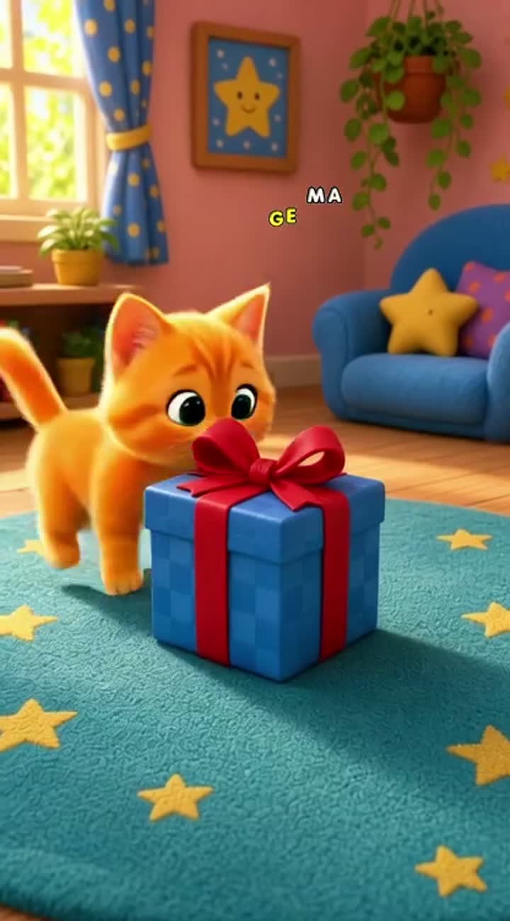 A cute orange kitten discovers a mysterious blue gift box… — AI cartoon