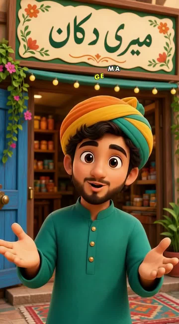 The character says in Urdu, "السلام علیکم! — AI cartoon