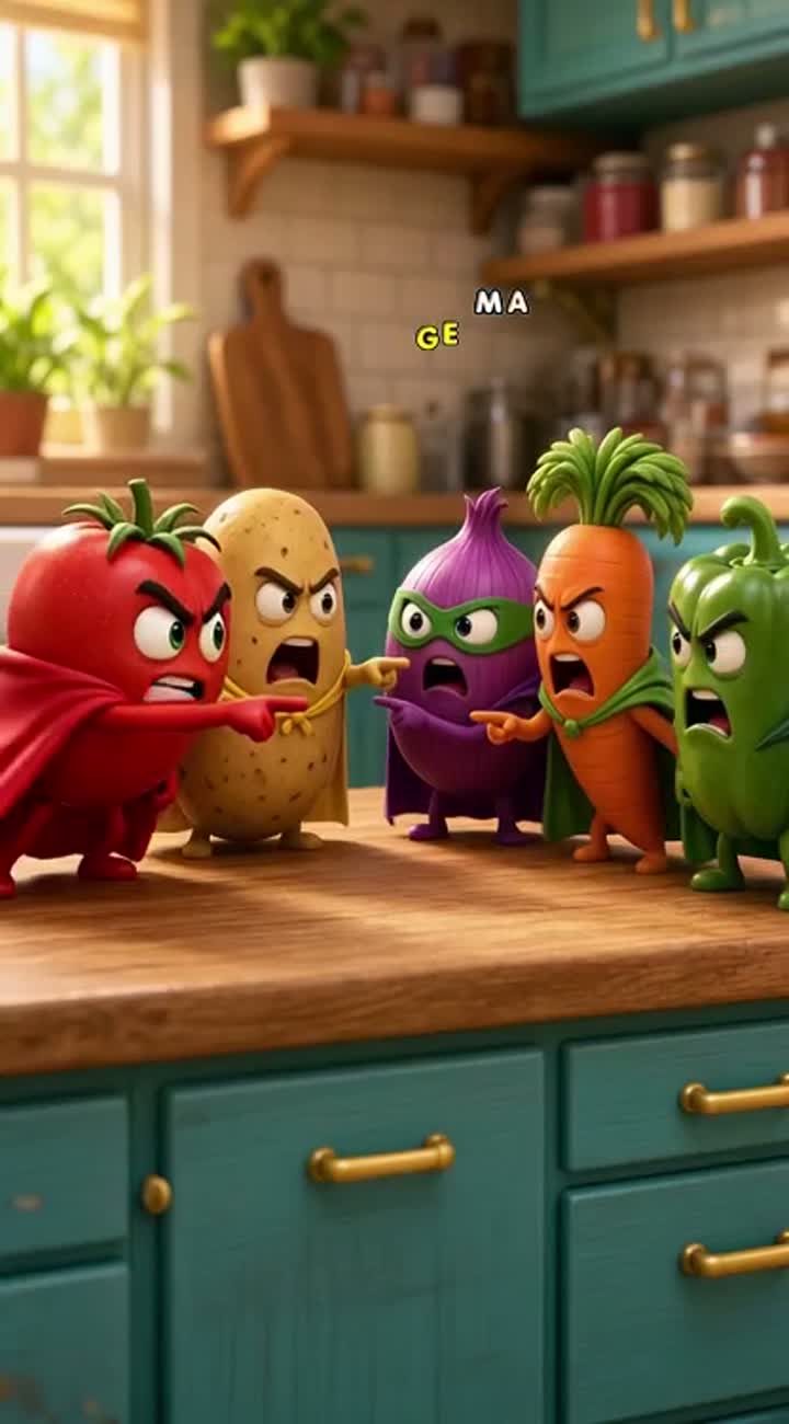 D cute cartoon kitchen, tomato, potato, onion… — AI cartoon